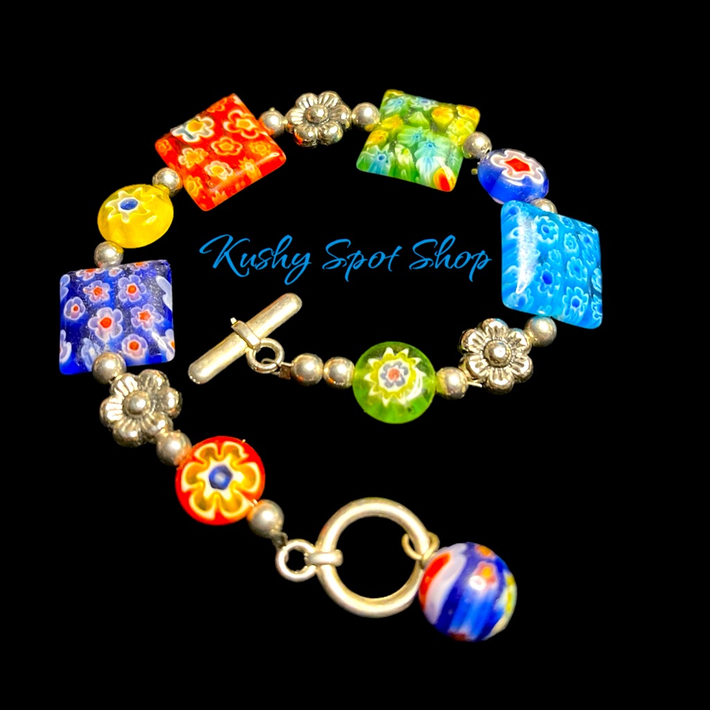Vintage Millefiori Murano Square Beads Rare Bracelet 7.5” Toggle